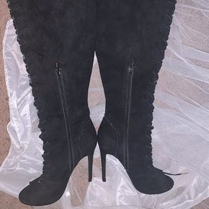 ShoeDazzle Black Suede Lace Up/Over the Knee Boots